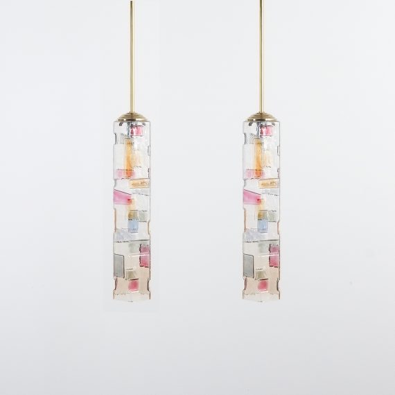 Poliarte Style Pair Of Colored Glass Pendant Lamps Italy Circa 1955